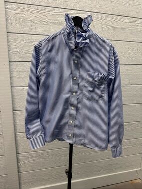 Reimagined men’s shirt for women  Blue Stripe Button-Up Shirt with Ruffle Collar